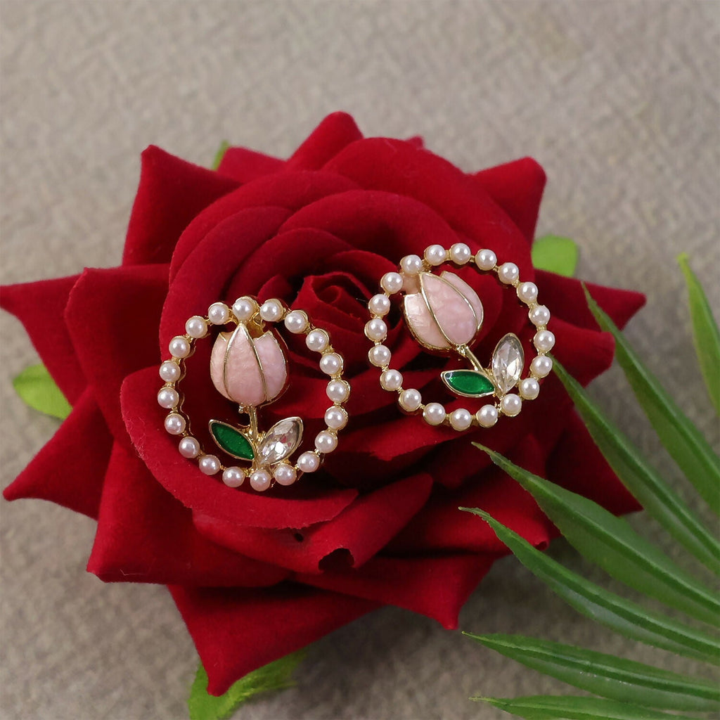 Korean Pearl Floral Stud Earrings – Elegant Rose Design