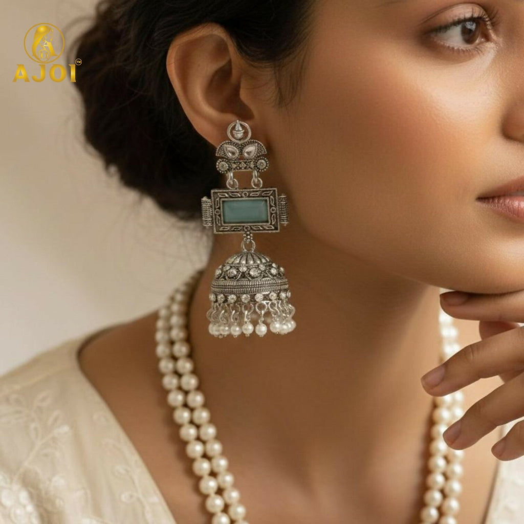 Oxidized Silver Jhumka Earrings – Hand-Carved Aqua Stone & Pearl Drops