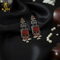 Red Stone Oxidised Silver Earrings with Pearl Danglers – Elegant Ethnic Jewelry