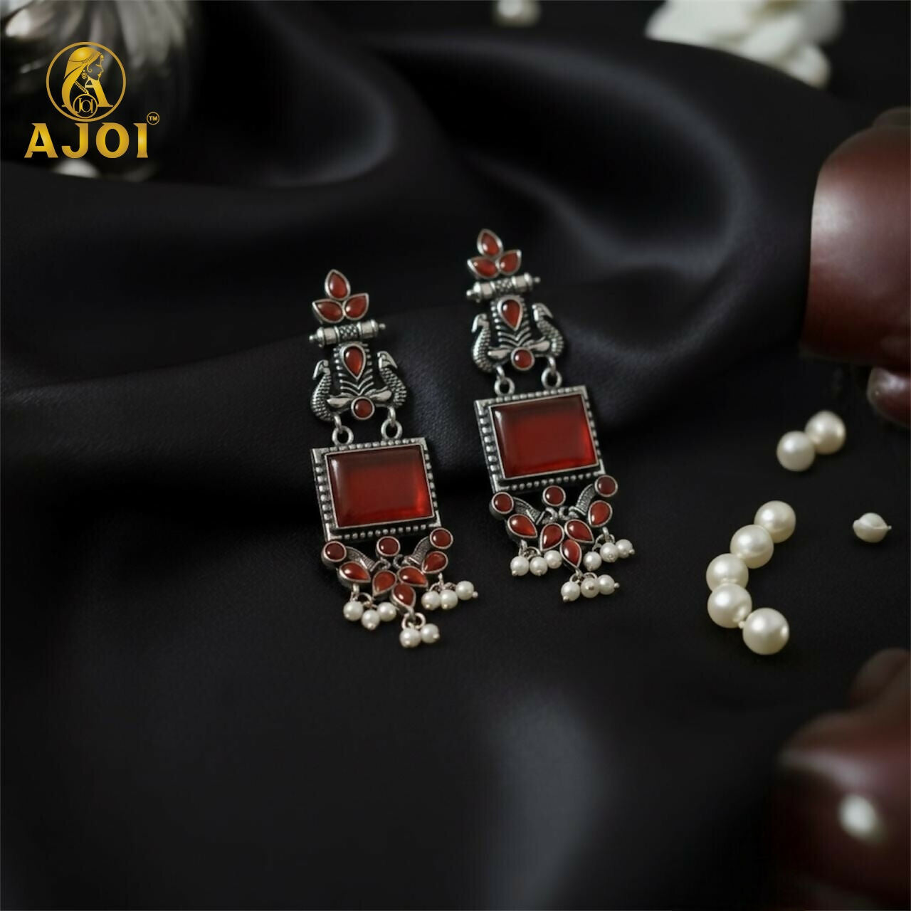 Red Stone Oxidised Silver Earrings with Pearl Danglers – Elegant Ethnic Jewelry