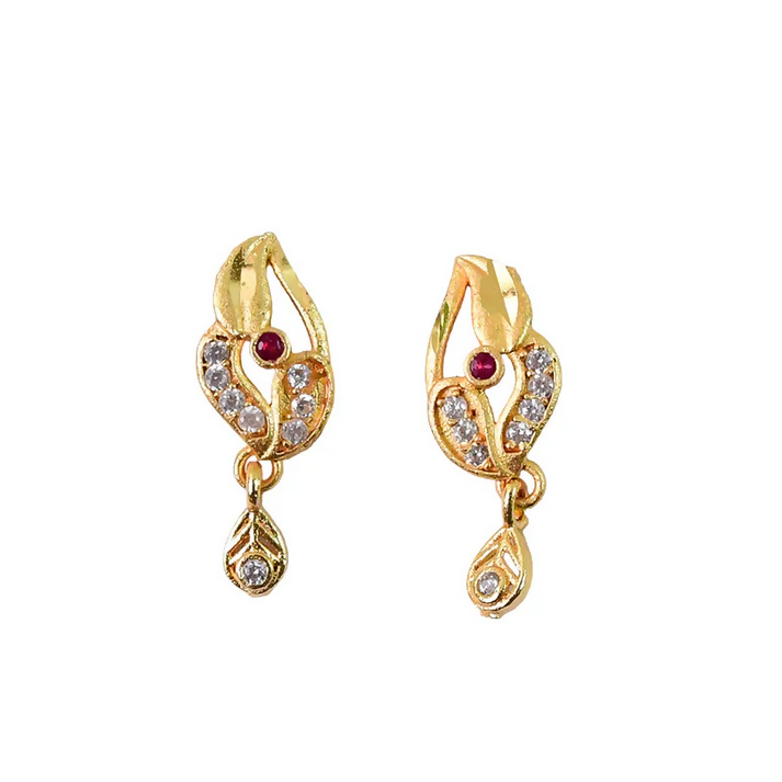 Gold Finish Earrings with Red Stone & Crystal Detailing – Elegant Shine