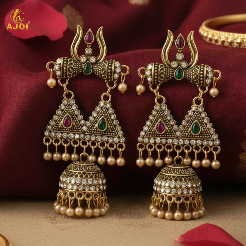 Shiv Trishul Jhumka Earrings – Antique Gold with Stone Work