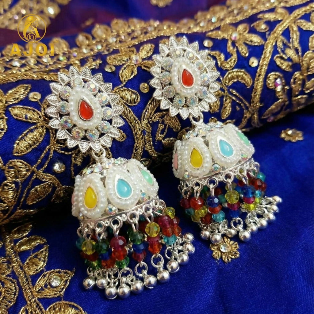 Silver Kundan Jhumka Earrings – Multicolor Tassels & Pearl Accents