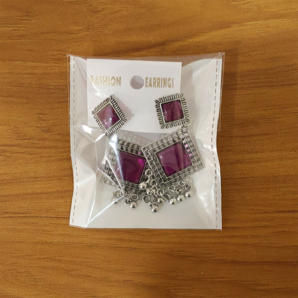 Oxidised Indian Dangler Earrings – Red Square Monalisa Stones