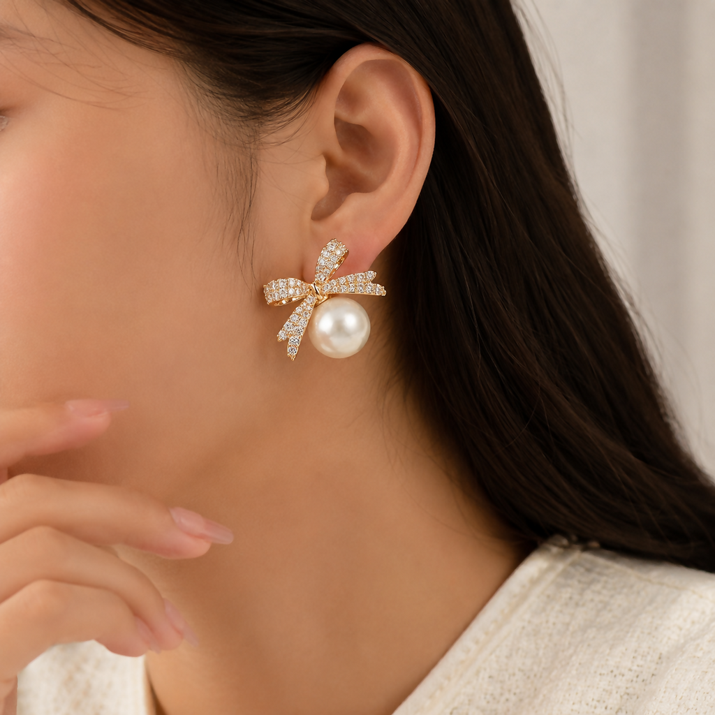 Pearl Bow Stud Earrings – Gold Plated & Elegant for Women