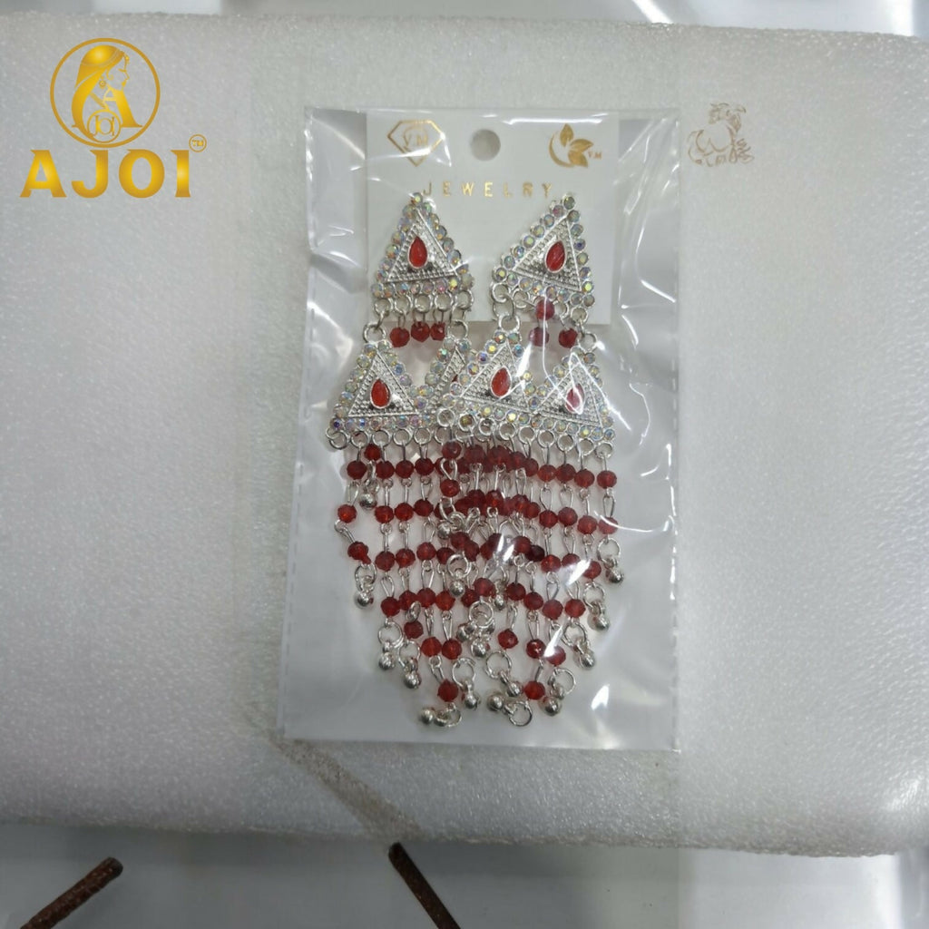 Ruby Red Designer Earrings – Layered Drop with Stone Detailing