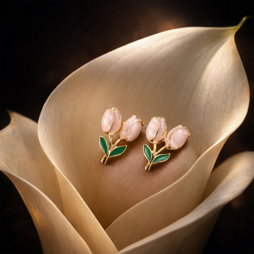 Pink Tulip Flower Stud Earrings – Elegant Korean Style Jewelry