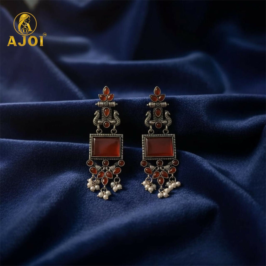 Red Stone Oxidised Silver Earrings with Pearl Danglers – Elegant Ethnic Jewelry