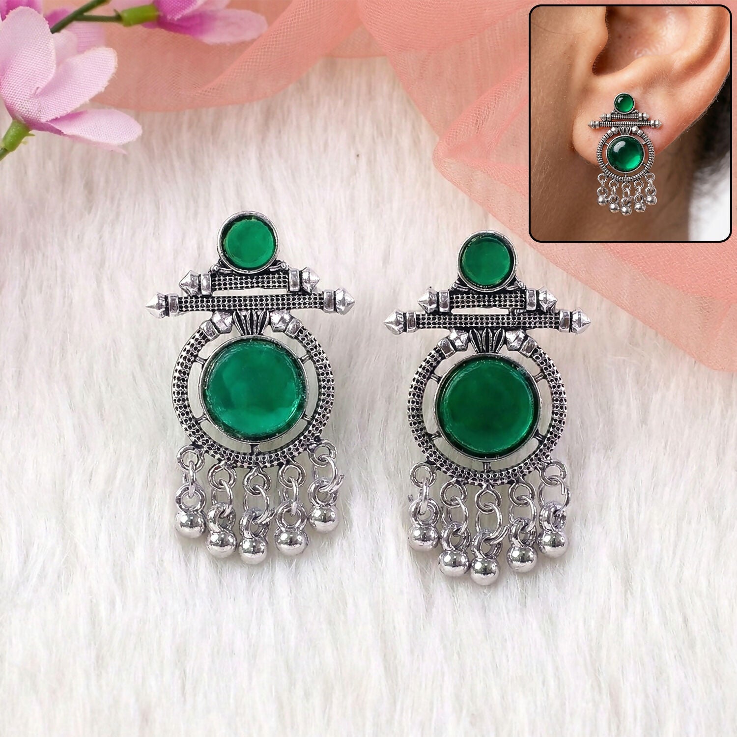 German Silver Green Stone Earrings – Festive & Party Style