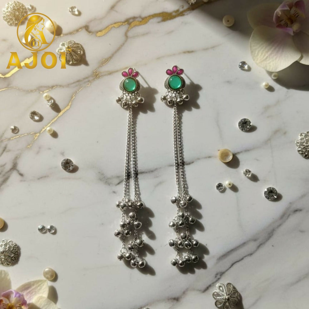 Green Stone Silver Ghungroo Chain Earrings – Regal Elegance