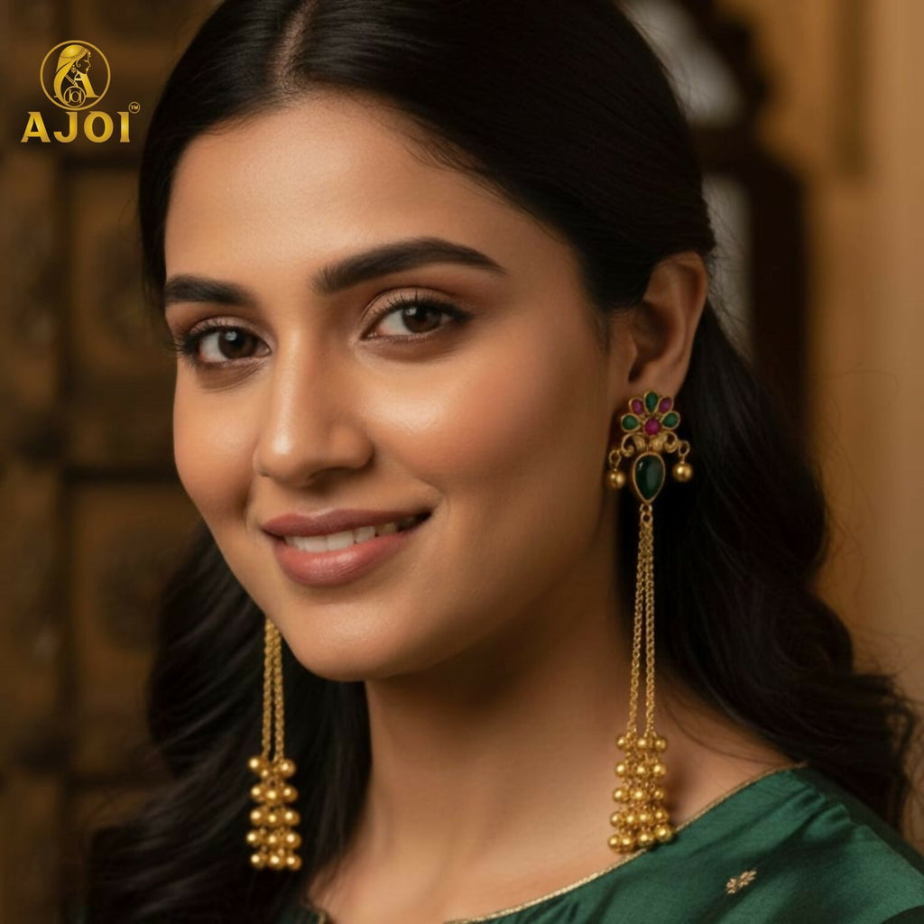 Kashmiri Gold Plated Floral Long Latkan Earrings – Elegant Ethnic Style