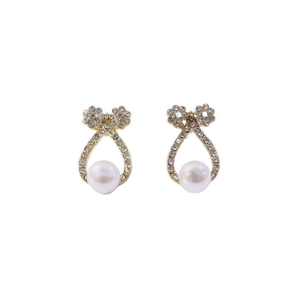 Pearl Drop Stud Earrings – Korean Crystal Bow Design for Women
