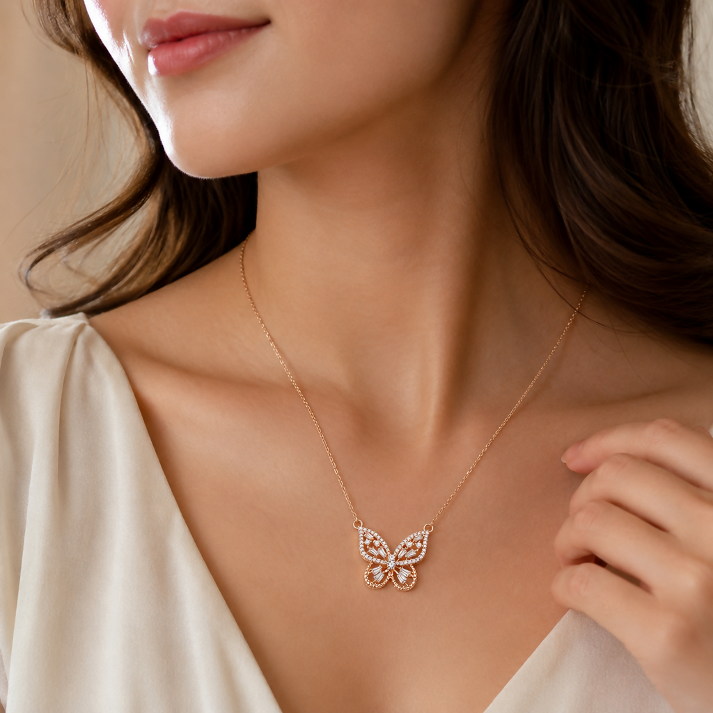 Rose Gold Polish Imitation Butterfly CZ Pendant Necklace for Women
