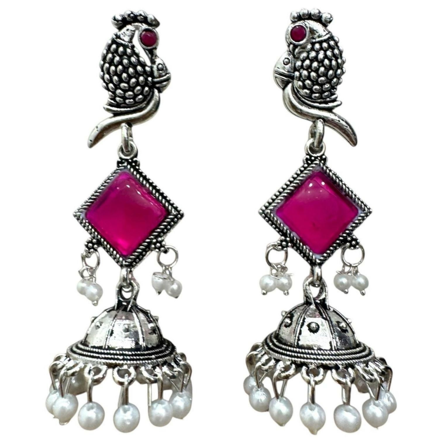 Oxidised Silver Pink Stone Jhumka Earrings – Parrot Design with Pearls