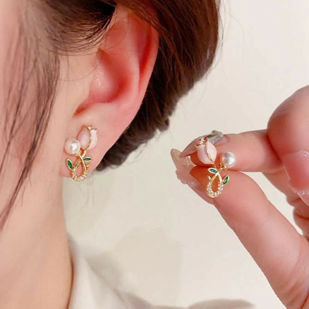 Pink Tulip Pearl Earrings – Elegant Korean Style Accessories