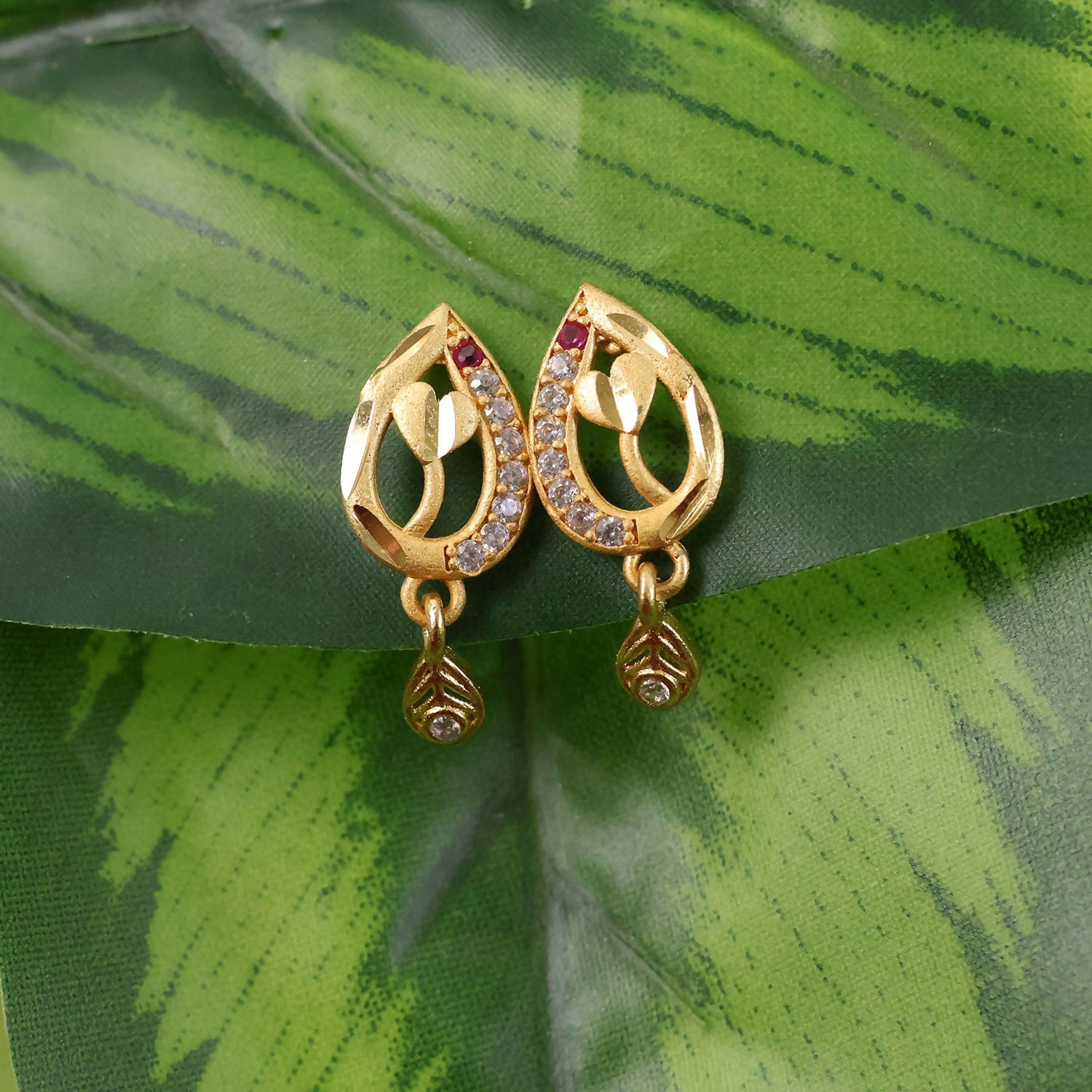 Teardrop Leaf Gold-Plated Ruby Earrings – Elegant Daily Wear