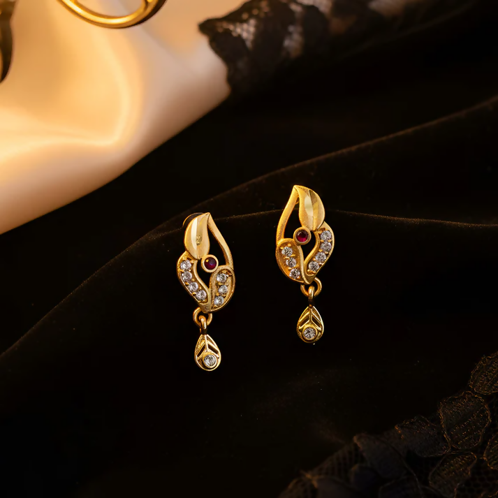 Gold Finish Earrings with Red Stone & Crystal Detailing – Elegant Shine