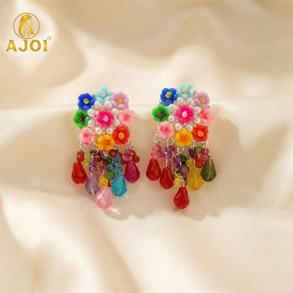 Flower Bead Earrings – Handcrafted Vibrant Multicolor Crystals