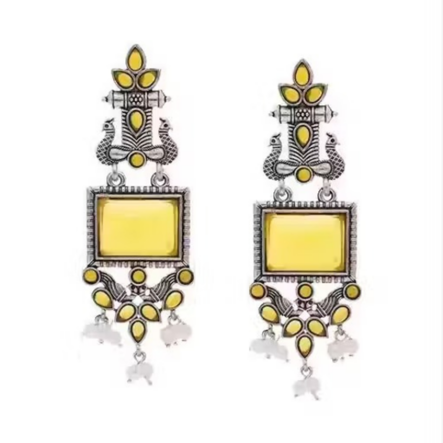 Oxidized Silver Yellow Stone Pearl Earrings – Traditional Elegance