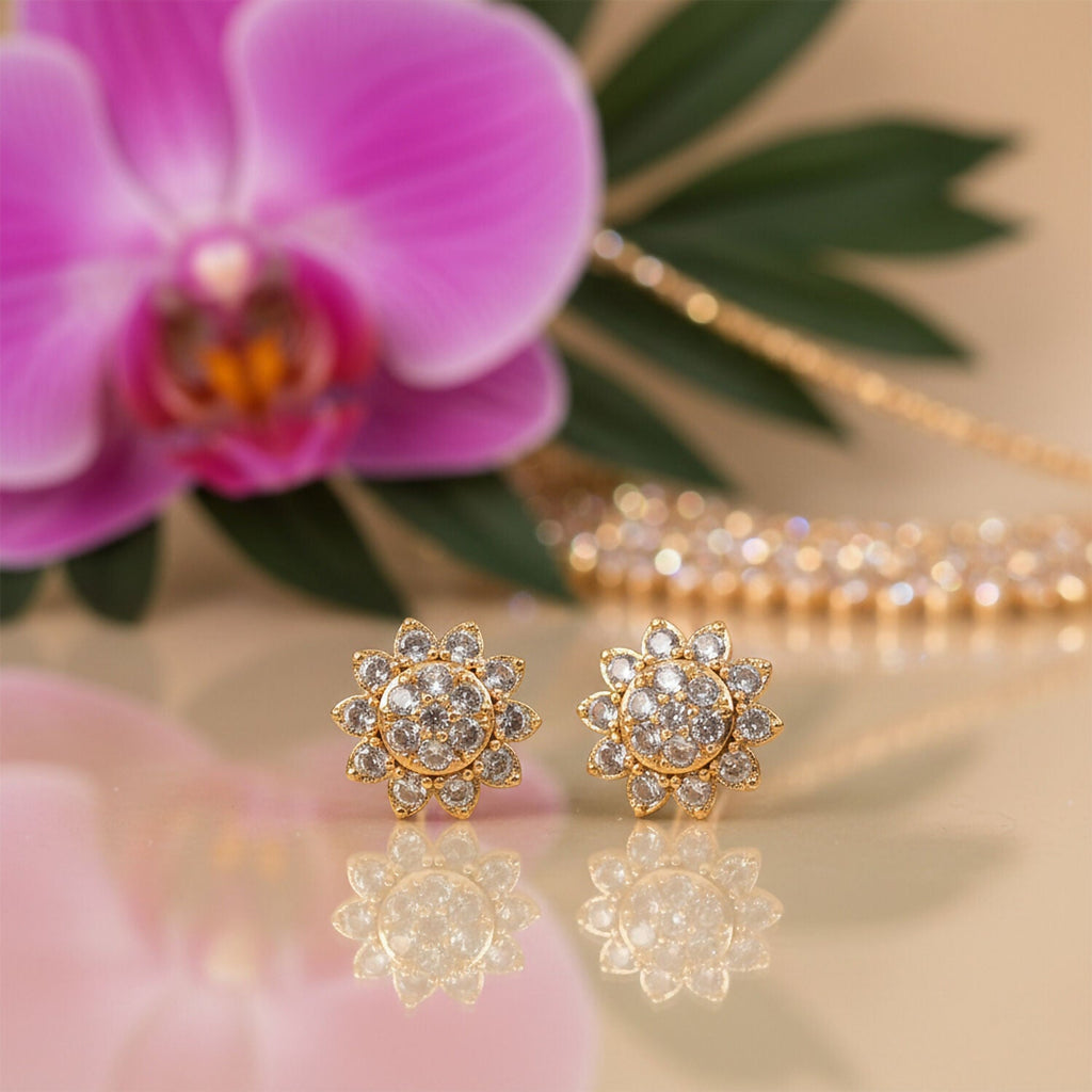 Floral CZ Stud Earrings – Elegant Gold Tone Finish for Women