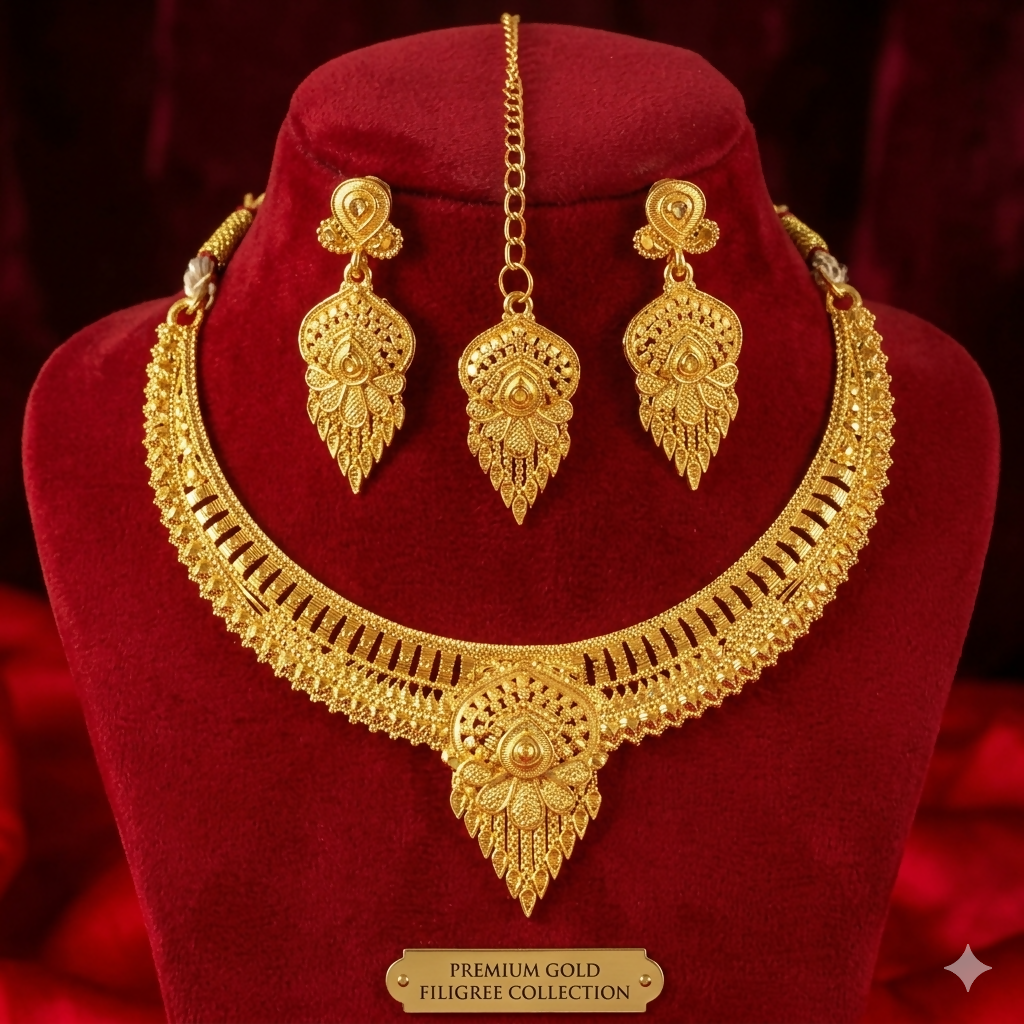 Traditional Gold Plated Haram Necklace Set with Earrings and Maang Tikka for Women