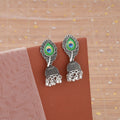 Oxidised Silver Jhumka Earrings – Elegant Peacock Feather Design