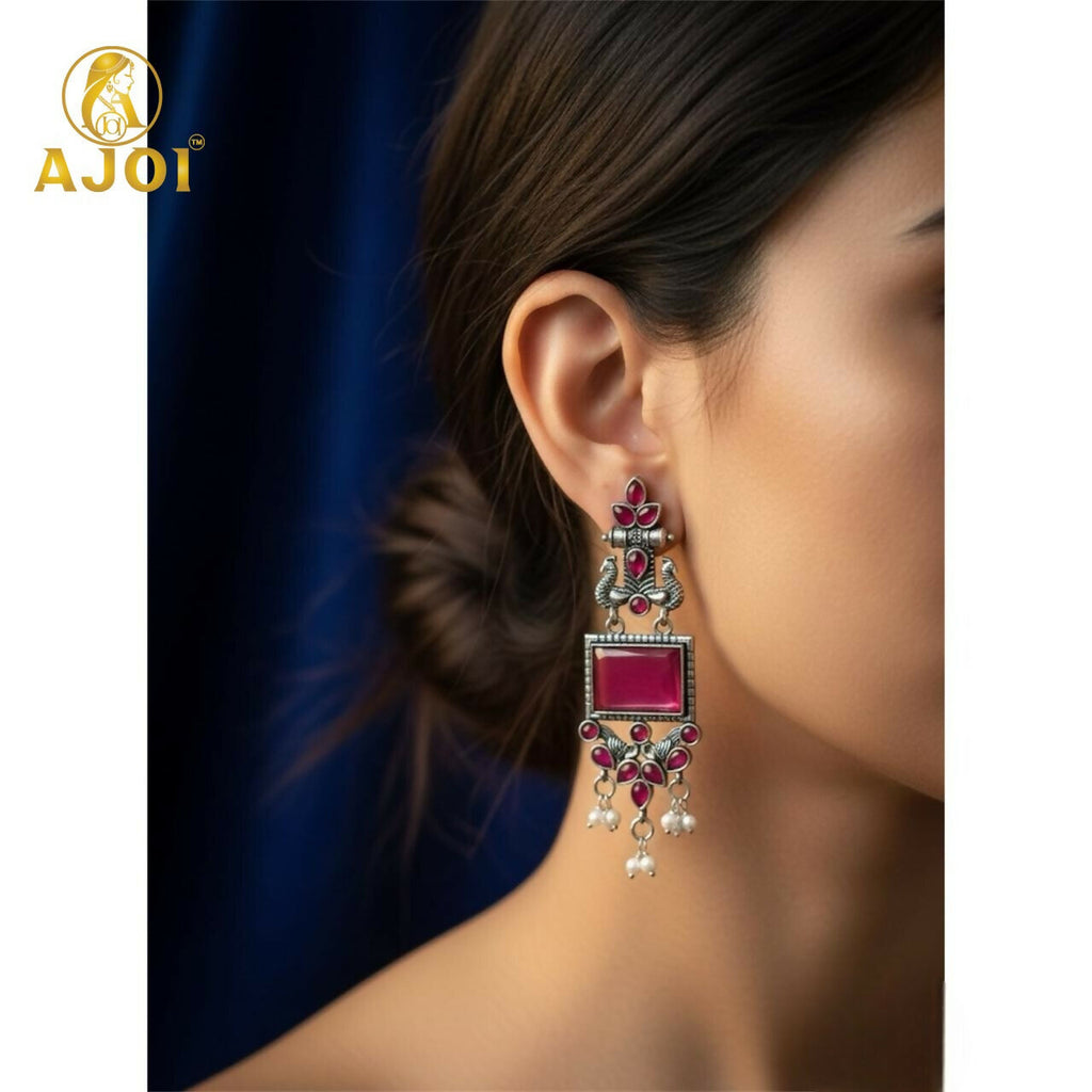 Antique Silver Earrings with Pink Square Beads and Pearl Danglers