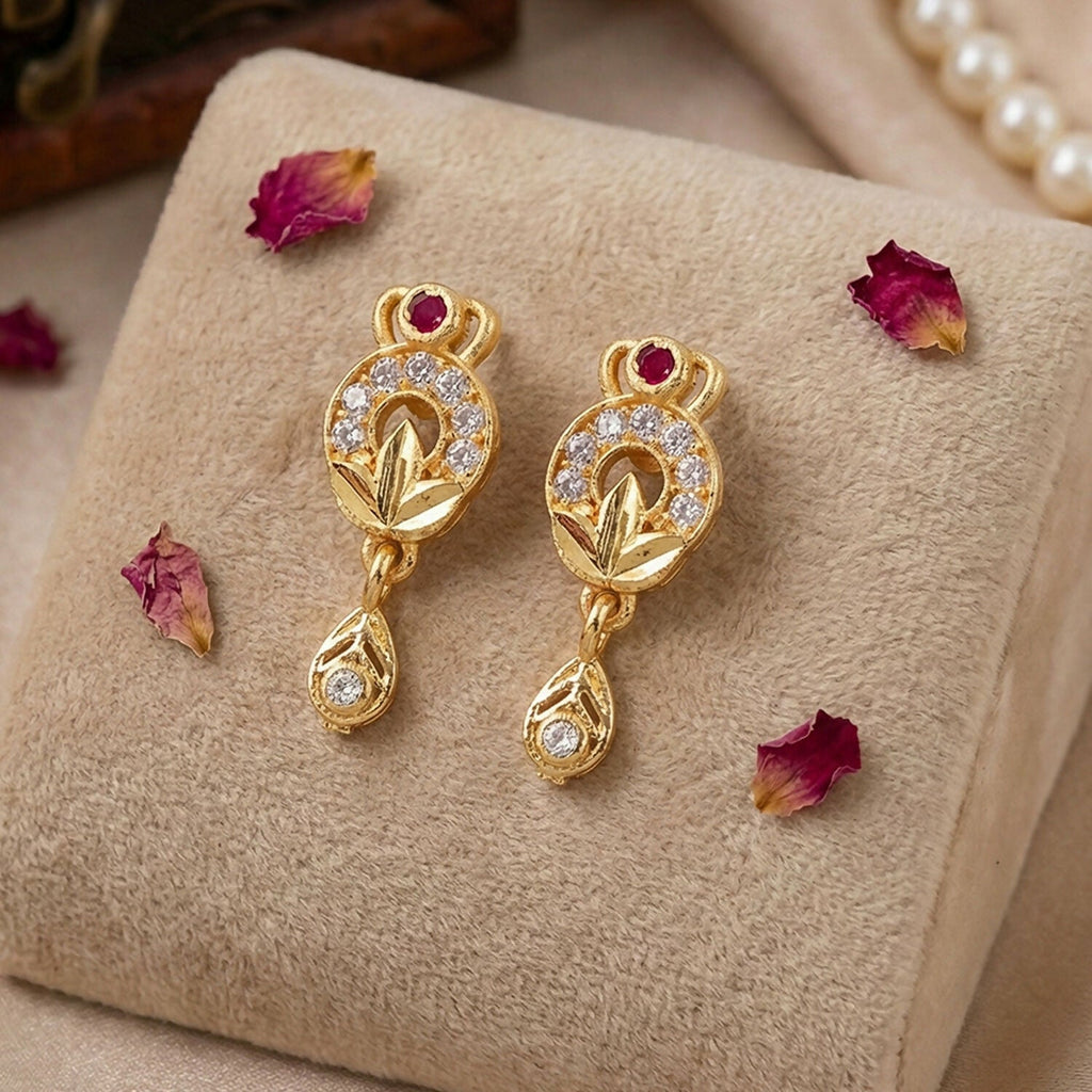 Gold Floral Drop Earrings with Ruby Centerpiece – Elegant Statement