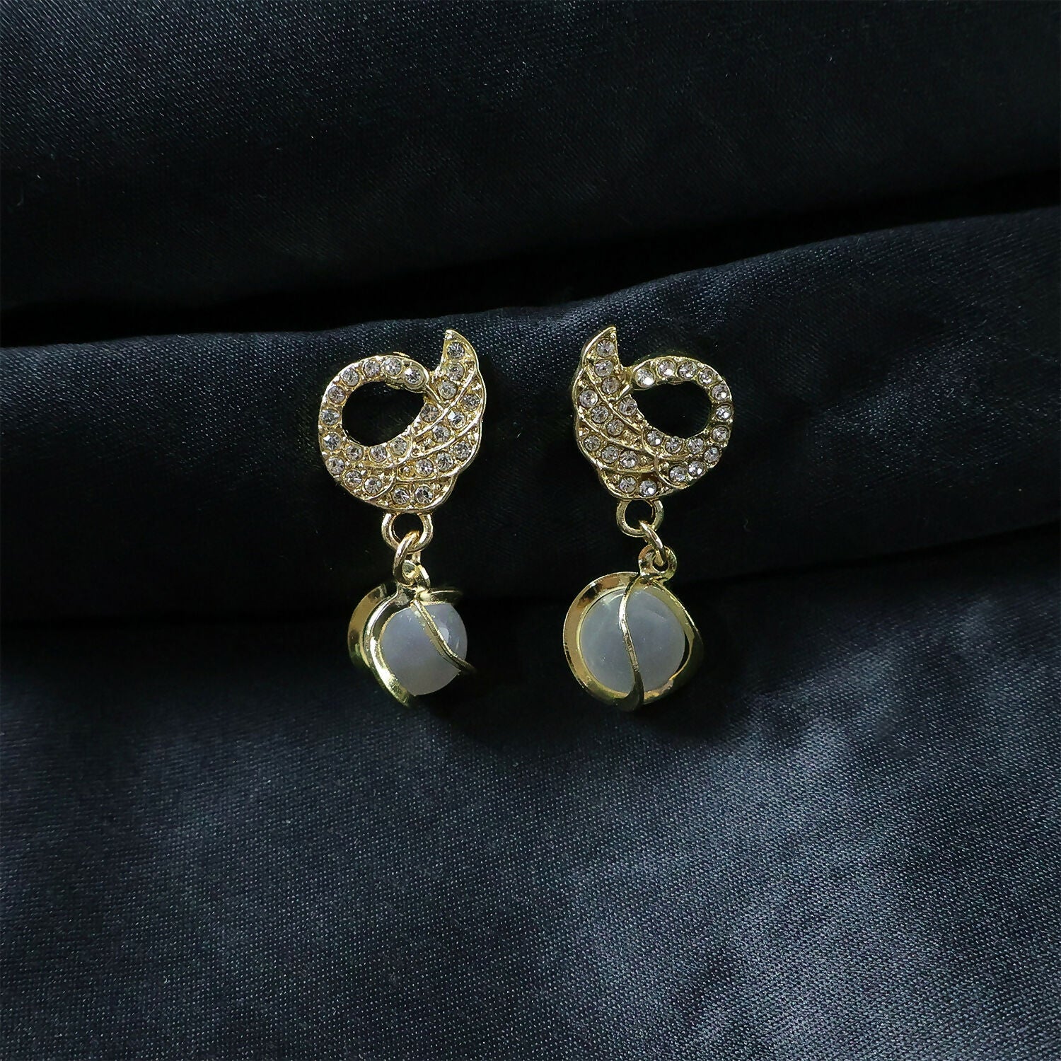 Swan Earrings – Crystal Encrusted with Pearly Cat-Eye Drop
