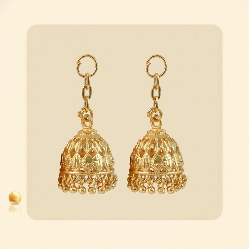 Gold Finish Jhumka – Intricate Cutwork with Hanging Beads