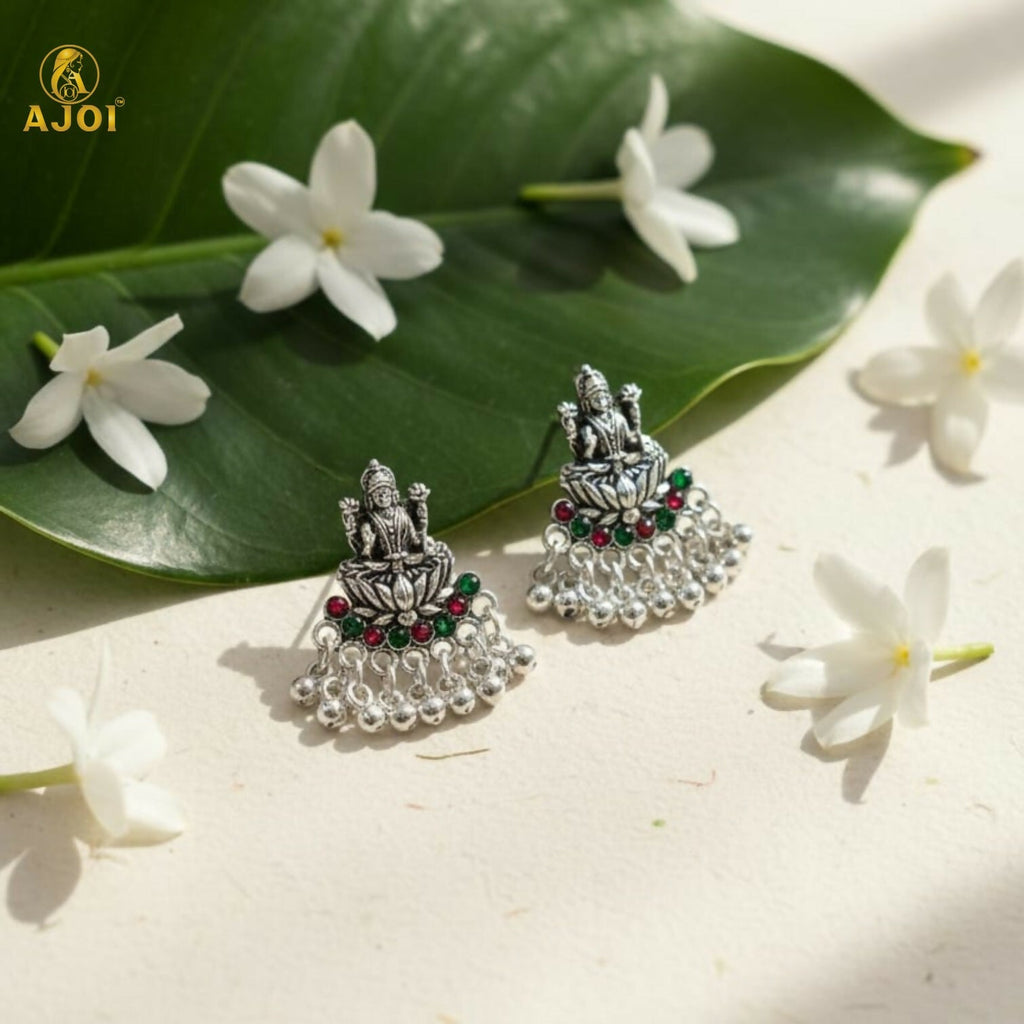 Lakshmi Idol Stud Earrings in Oxidized Silver with Multicolor Stones