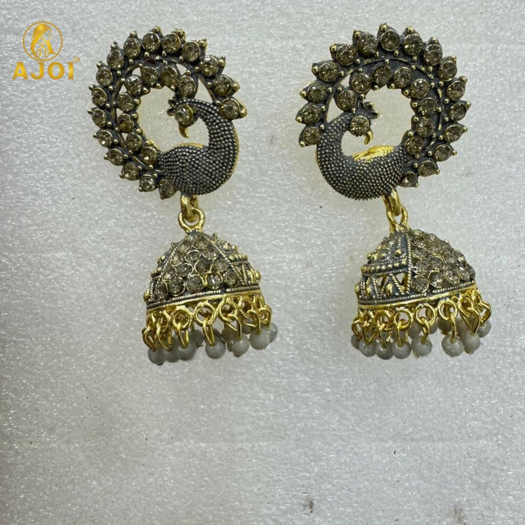 Peacock Design Jhumka Earrings – Antique Grey Elegance