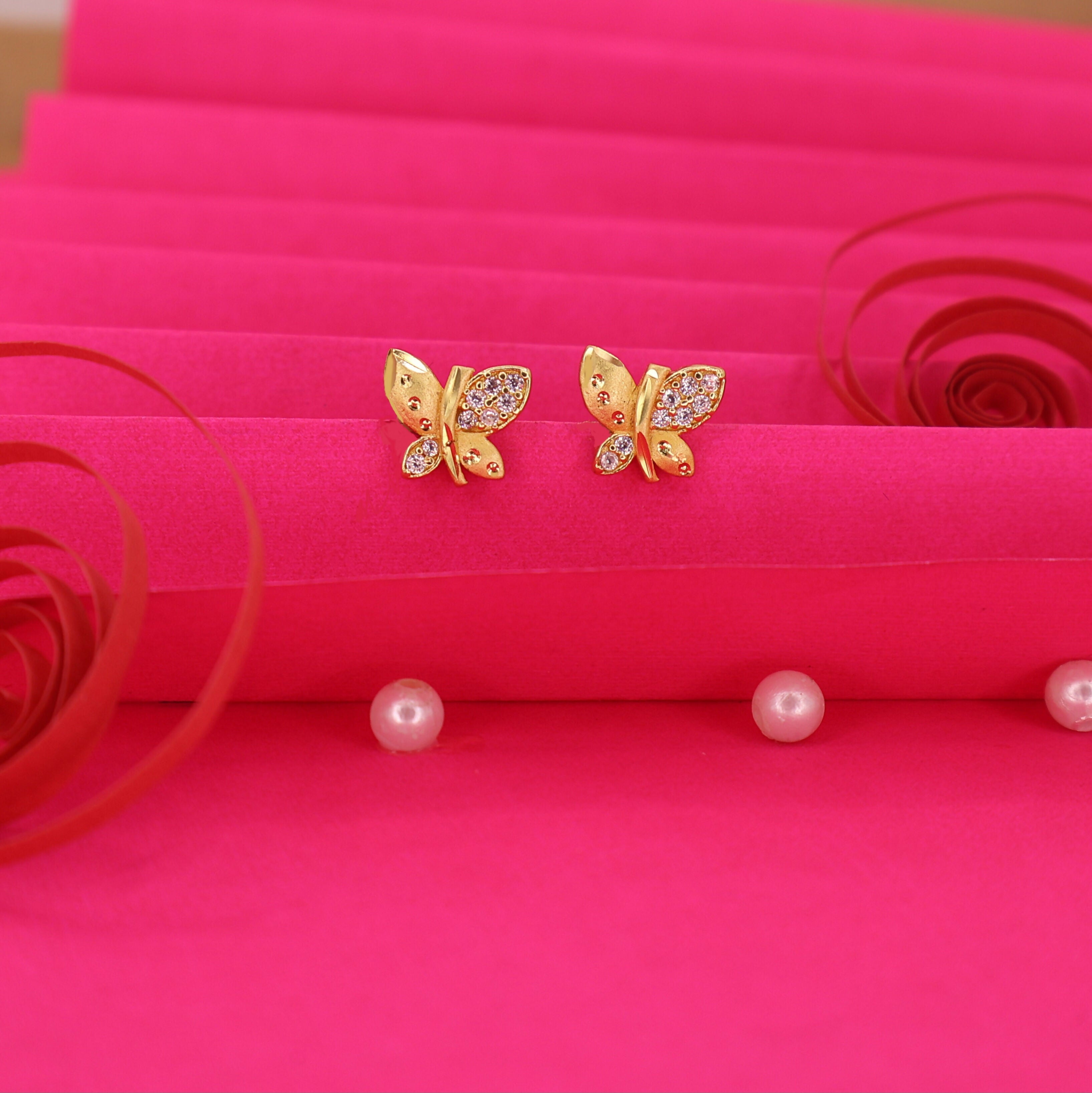 Gold Plated Butterfly Studs – Matte Finish AD Stone Earrings