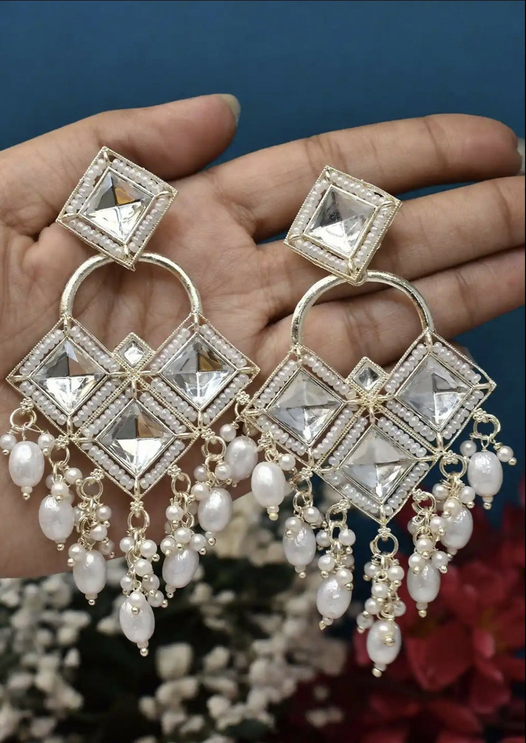 Antique Silver-Toned Kundan Chandbali Jhumka Earrings – Elegant Floral Design