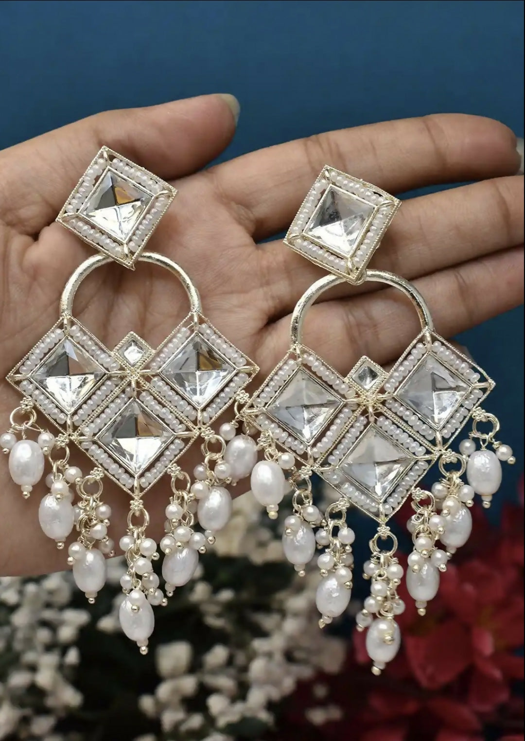 Antique Silver-Toned Kundan Chandbali Jhumka Earrings – Elegant Floral Design