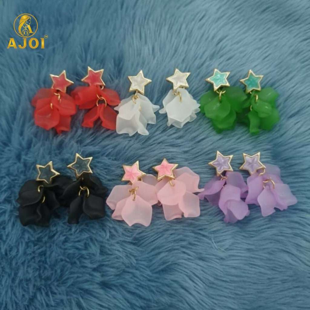 Luxury Floral Drop Earrings – Soft Matte Petal Layers with Star Studs