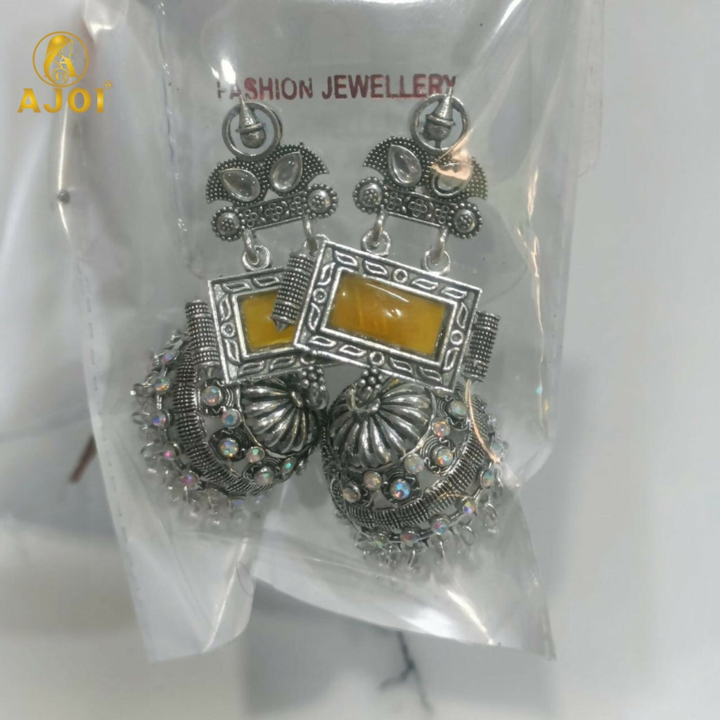 Oxidized Silver Jhumka Earrings – Traditional Yellow Stone & Pearls