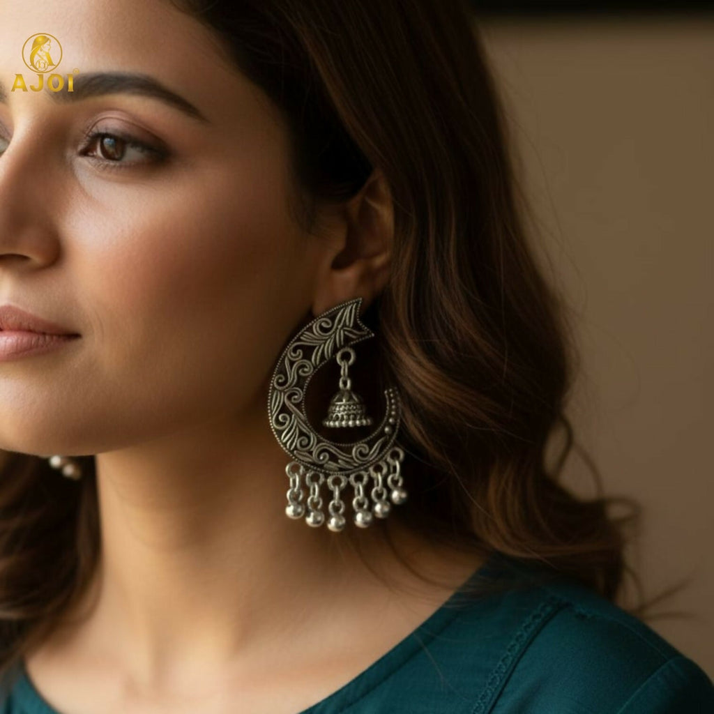 Oxidized Silver Jhumka Earrings – Elegant Ghungroo Danglers
