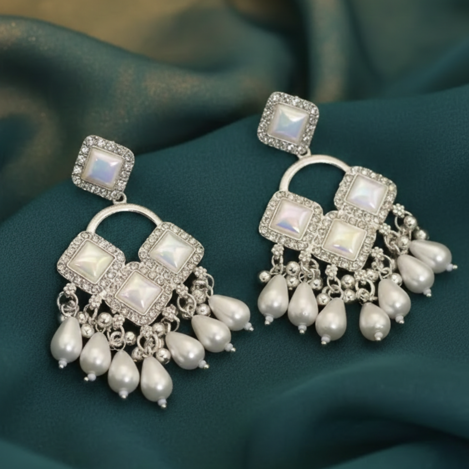 Silver Plated Chandelier Earrings – Elegant Square Crystals & Teardrop Beads