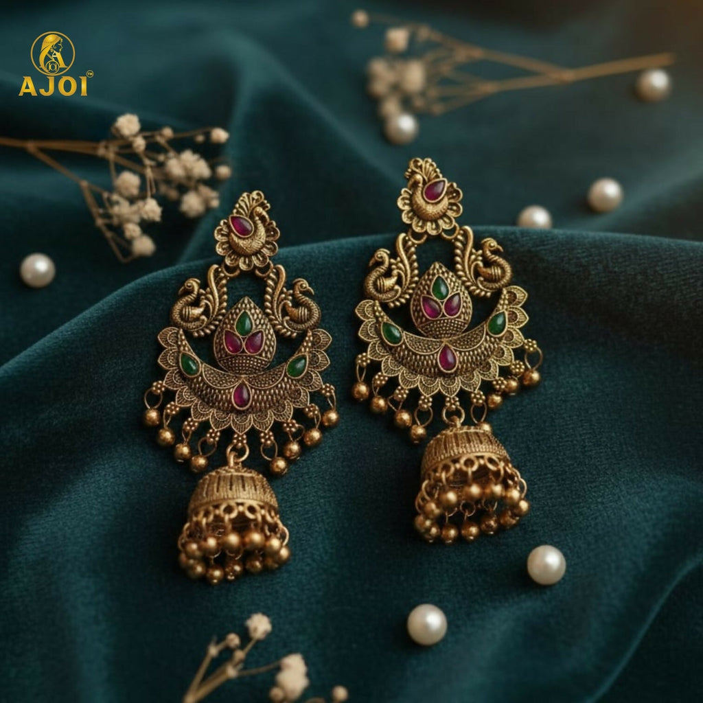 Peacock Jhumka Earrings – Gold Plated with Green & Pink Stones