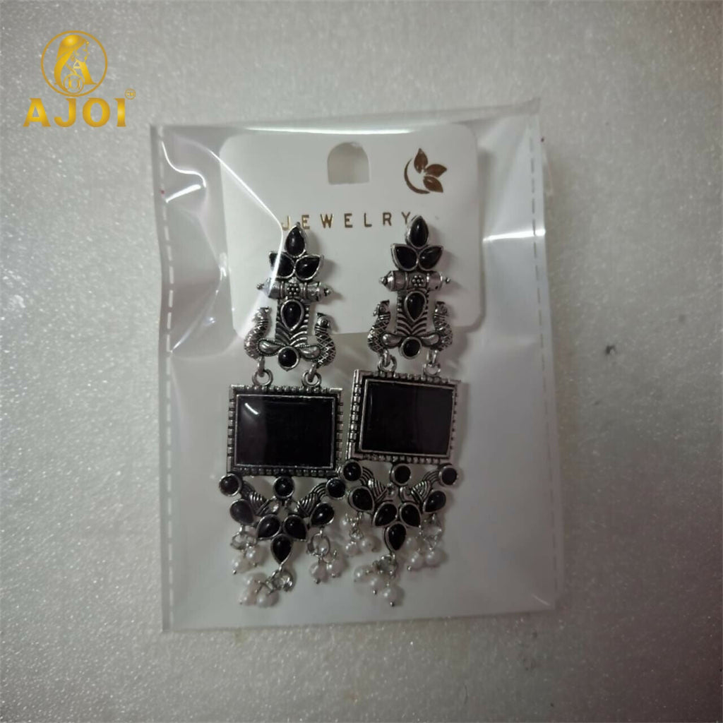 Antique Black Square Stone Oxidised Silver Earrings – Ethnic Pearl Drops