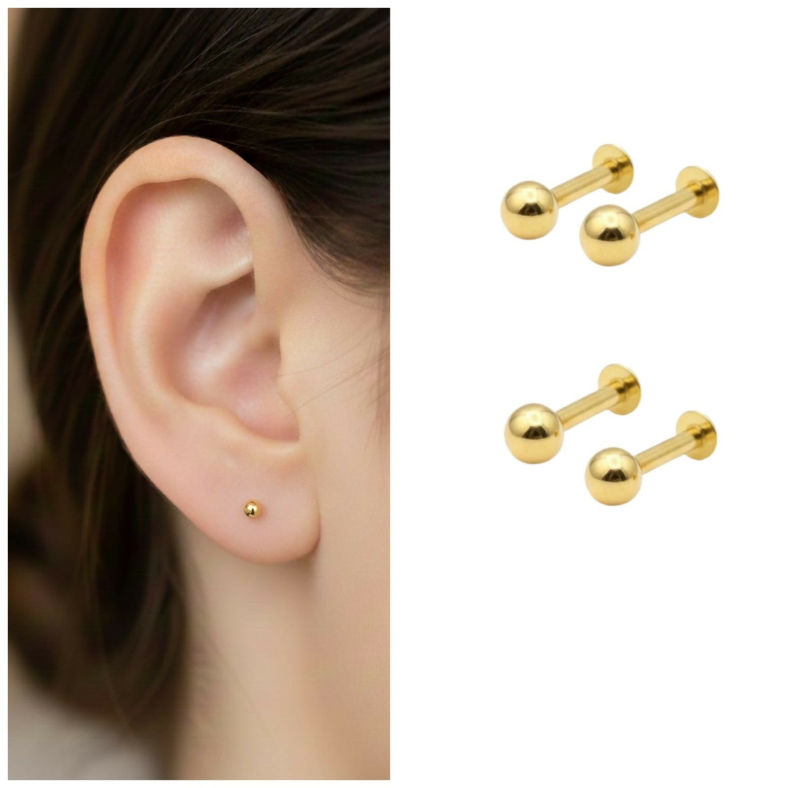 Gold Flat Back Labret Stud Earrings – Comfortable Tiny Ball Piercing Combo Pack