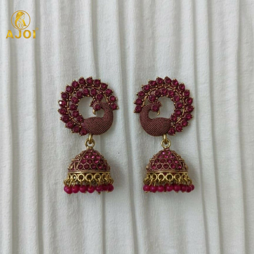 Peacock Motif Jhumka Earrings – Ruby-Tone Antique Gold Finish