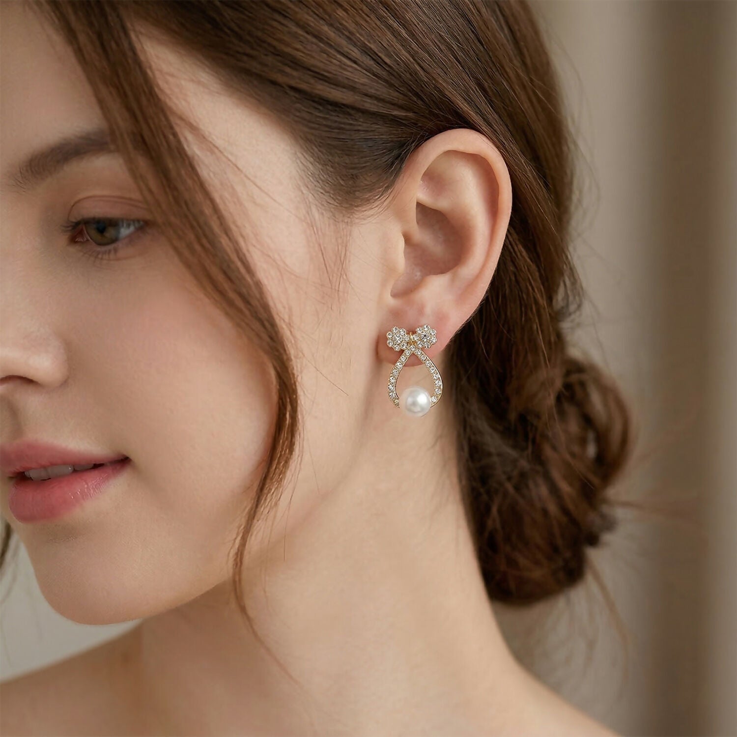 Pearl Drop Stud Earrings – Korean Crystal Bow Design for Women