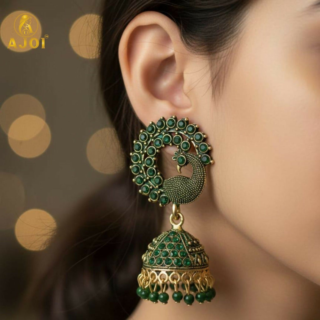 Peacock Jhumka Earrings – Emerald Green Stones & Antique Gold