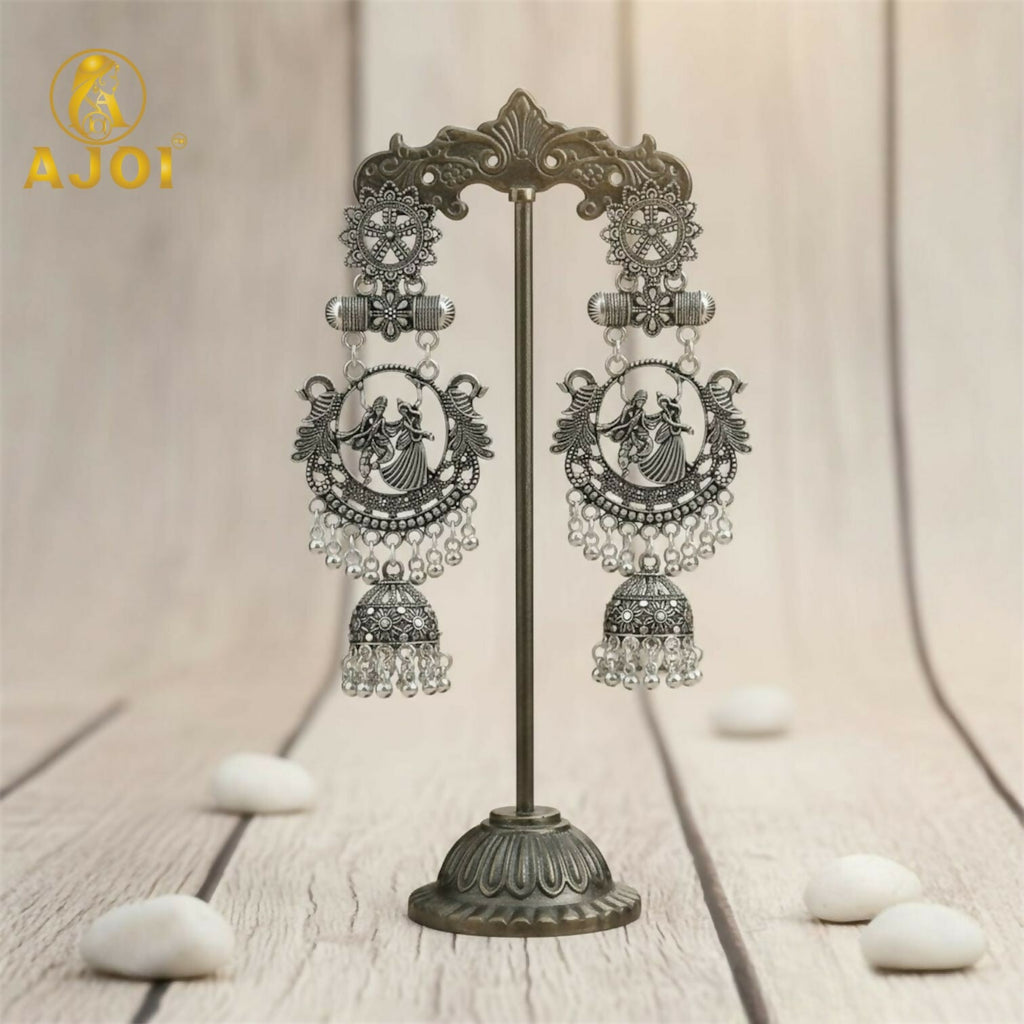 Radha Krishna Jhumka Earrings – Oxidised Silver Temple Jewellery with Ghungroo