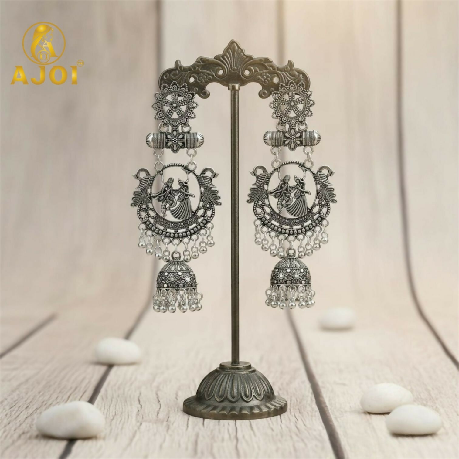 Radha Krishna Jhumka Earrings – Oxidised Silver Temple Jewellery with Ghungroo