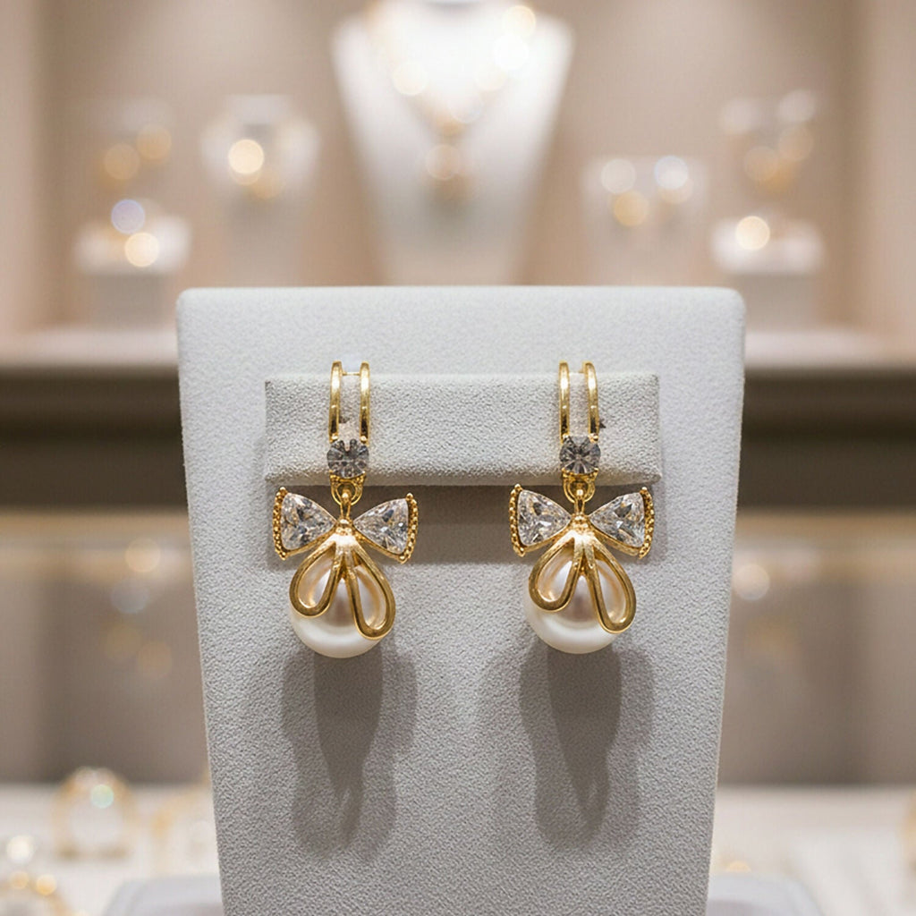 Bow Pearl Drop Earrings – Elegant Korean Style for Women