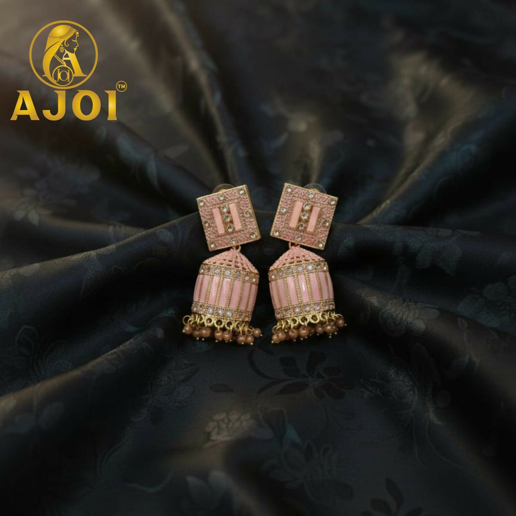 Blush Pink Designer Jhumka Earrings – Elegant Stone Detailing