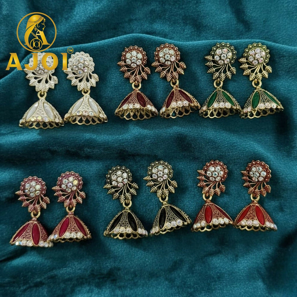 Stone & Enamel Earrings Set – Elegant Floral Jhumka Collection